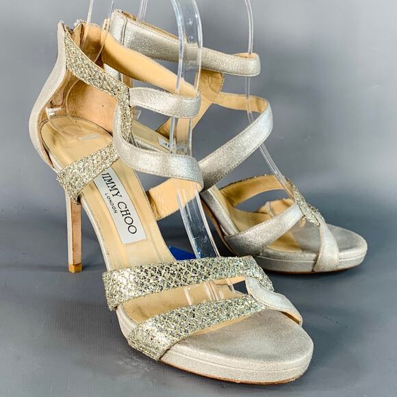 JIMMY CHOO Size 6.5 Grey Silver Glittery Leather Platform Stiletto Sandals - Picture 1 of 8